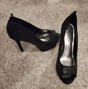 Black sequin peep toe stilletos